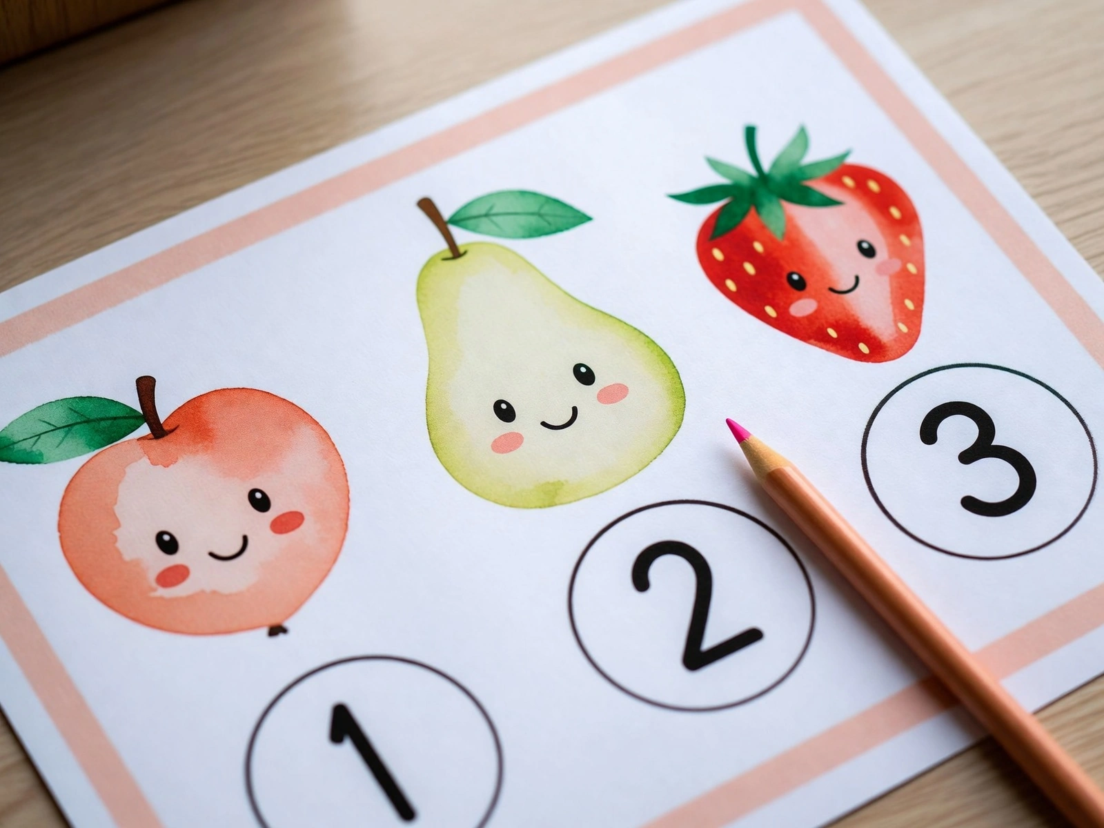 Fruity math worksheet with watercolor peach, pear, and strawberry illustrations